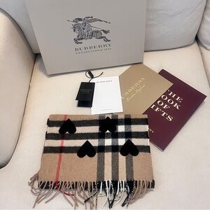 Burberry Beige Check and Heart Double Sided 100% Cashmere Scarf